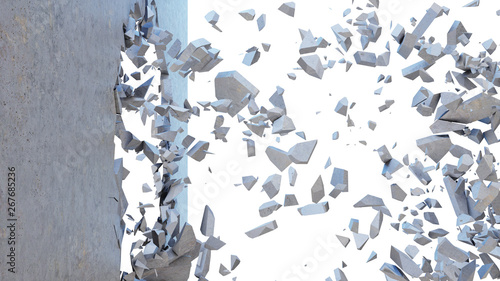Foto Concrete wall shatters into thousands of small pieces