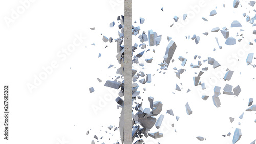 Fototapeta Naklejka Na Ścianę i Meble -  Concrete wall shatters into thousands of small pieces. Cracked earth, abstract background. Explosion, destruction, broken, concrete wall. Isolated on white background, 3D Rendering