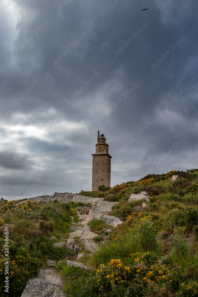 Old lighthouse of A Coruña in Galicia, Spain. The oldest lighthouse in the world in operation. Hercoles tower, stone tower facing the sea surrounded by grass.
