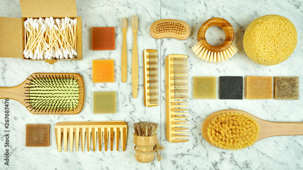 Zero-waste, plastic-free household flatlay overhead with coconut fiber, bamboo and reusable bathroom and toiletries products. Zero-waste, plastic-free household flatlay overhead with coconut fiber, bamboo and reusable bathroom and toiletries products.