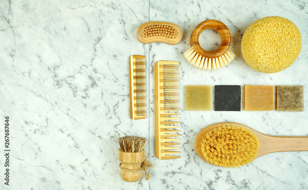Zero-waste, plastic-free household flatlay overhead with coconut fiber, bamboo and reusable bathroom and toiletries products. Zero-waste, plastic-free household flatlay overhead with coconut fiber, bamboo and reusable bathroom and toiletries products.