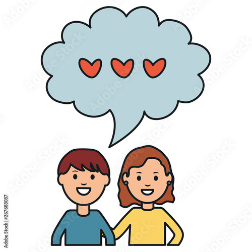 young couple with speech bubbles and hearts