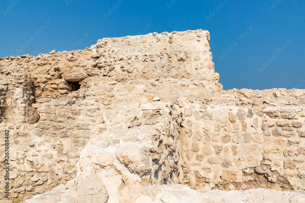 Fort of Bahrain ruin in Manama, Bahrain. Qal'at al-Bahrain Site Museum, UNESCO heritage, fortress wall