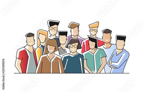 Group portrait of funny smiling office workers or clerks standing together. Team of cute cheerful male and female employees or colleagues.