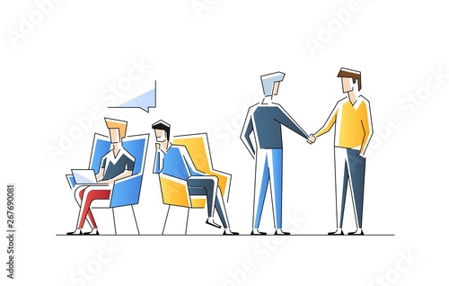 Men take part in business meeting, formal discussion, conference. Male characters talk to each other, exchange information. Vector illustration