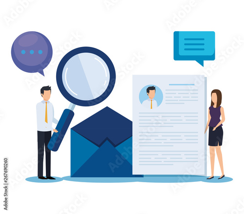 businesswoman and businessman with curriculum vitae and letter