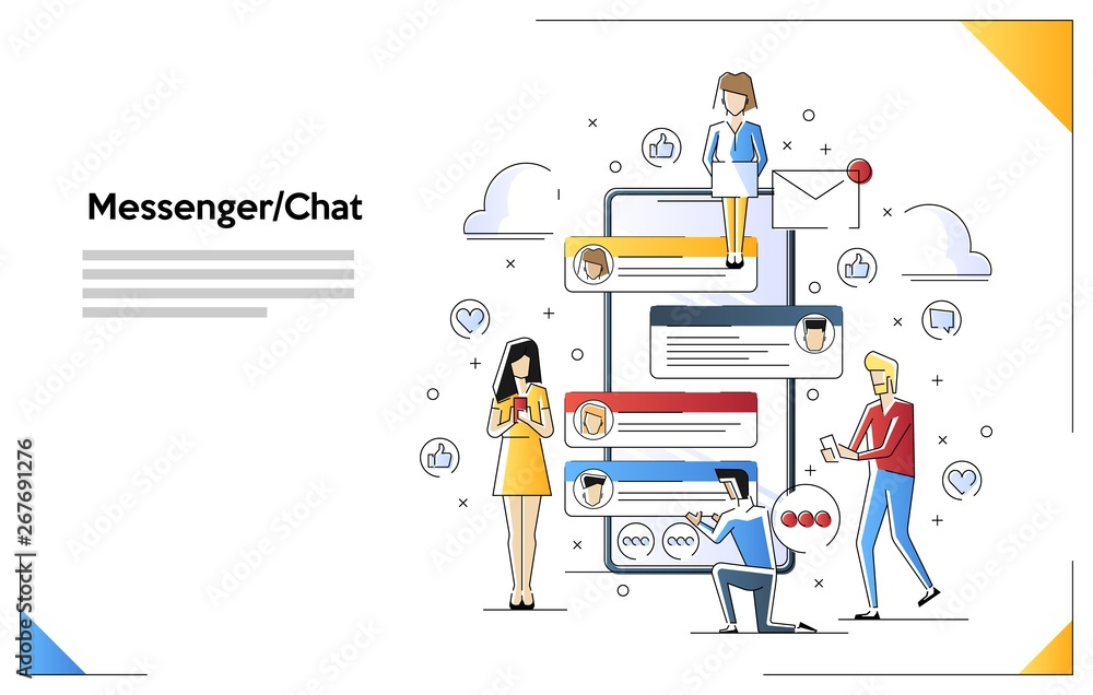 Mobile chat design concept. Small people character are setting near big smartphone and communicate through smartphones gadgets. Trendy flat style. Vector illustration. Mobile chat design concept. Small people character are setting near big smartphone and communicate through smartphones gadgets. Trendy flat style. Vector illustration.