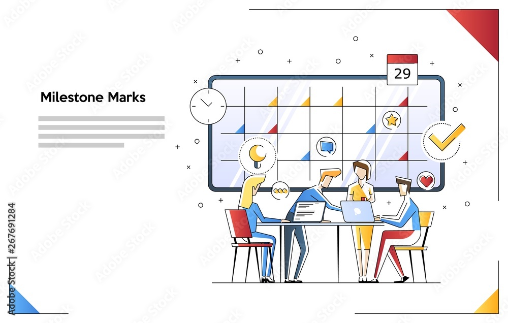 Team work and milestone marks with characters on the electron calendar. Can use for web banner, infographics, hero images. Flat vector illustration isolated on white background.