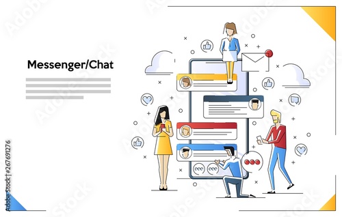 Mobile chat design concept. Small people character are setting near big smartphone and communicate through smartphones gadgets. Trendy flat style. Vector illustration.