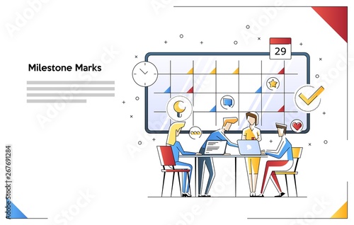 Team work and milestone marks with characters on the electron calendar. Can use for web banner, infographics, hero images. Flat vector illustration isolated on white background.
