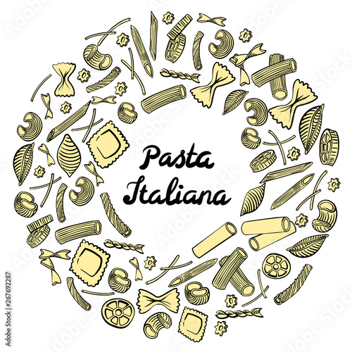 Round frame with italian macaroni of different kinds. Colored hand draw on white background