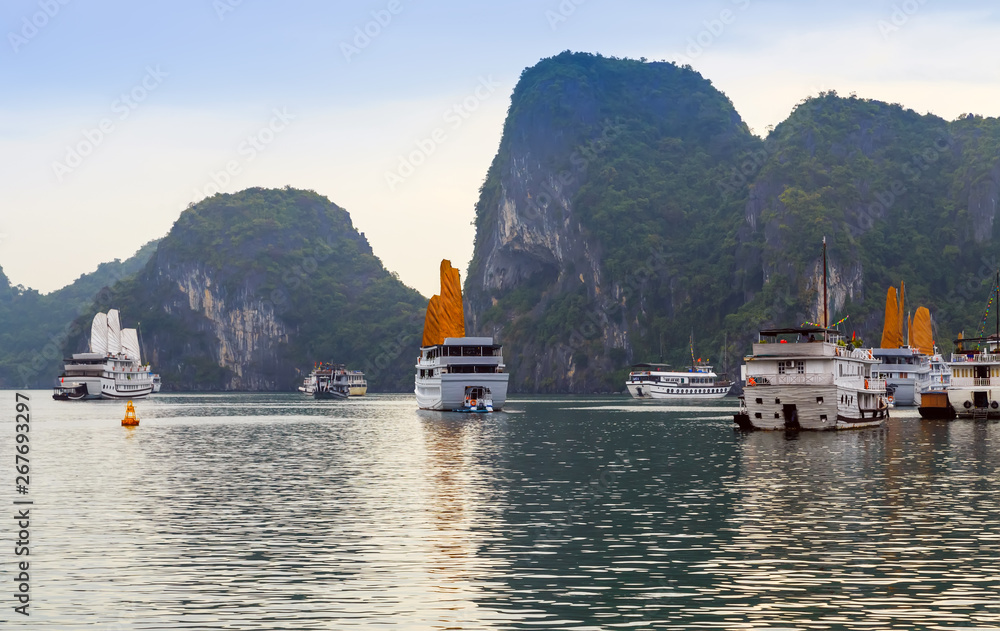 Vietnamese sailboat. Discover liner Sails ship Halong Bay Top Destinations Vietnam.