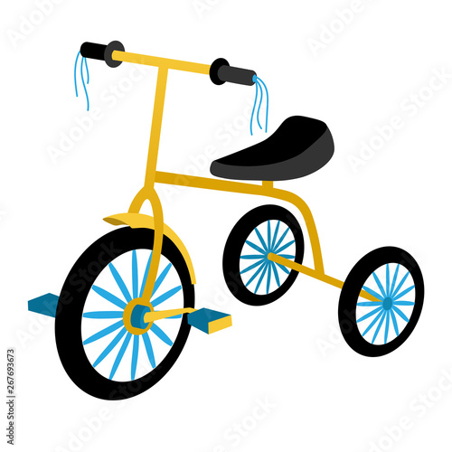Children's tricycle with blue and yellow colors and tassels on the steering wheel. Toy bike for kids isolated on white background. Flat style vector illustration. photo