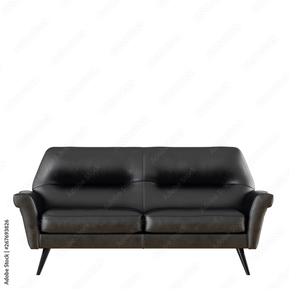 Black leather sofa on white background 3d rendering front view