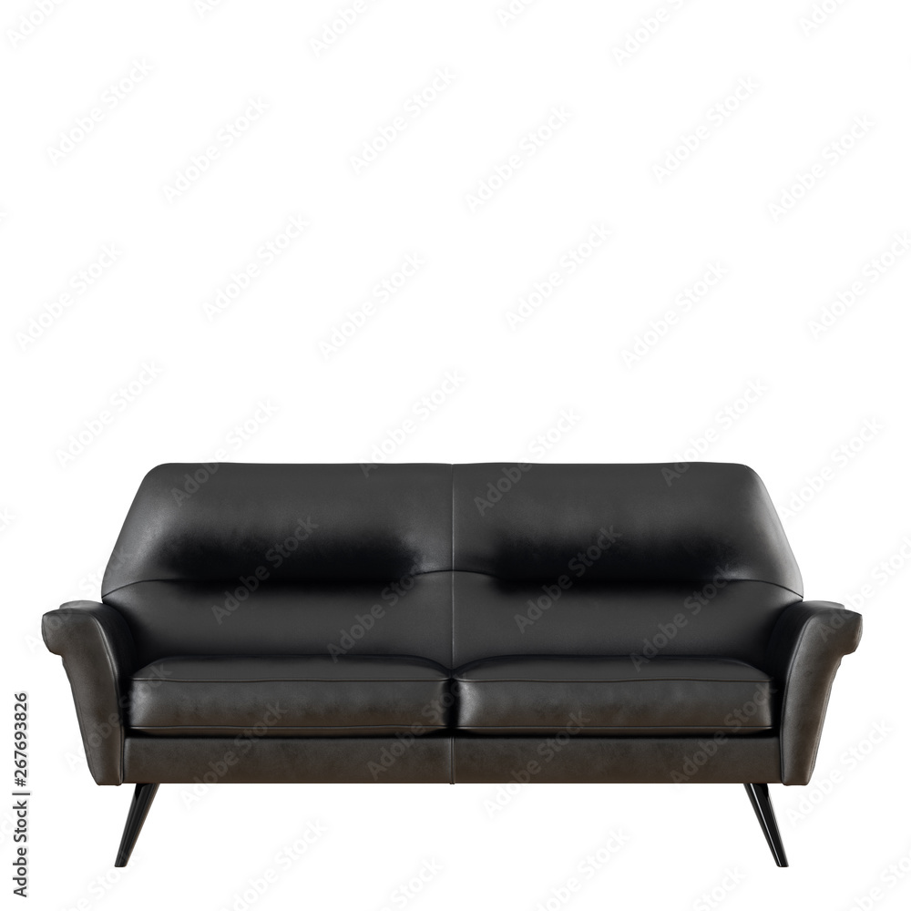 Black leather sofa on white background 3d rendering front view Black leather sofa on white background 3d rendering front view