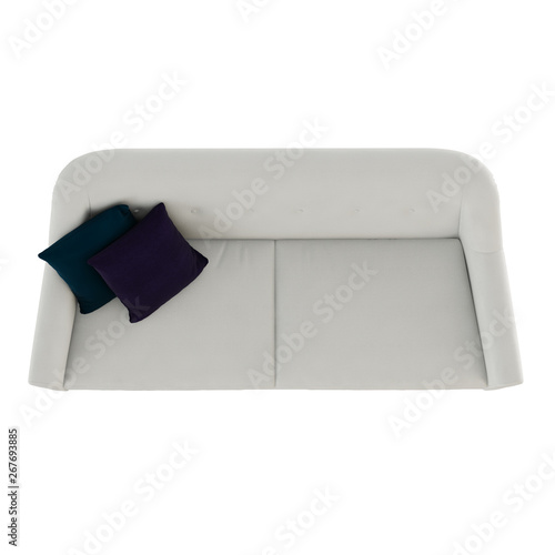 White fabric sofa with pillows on a white background 3d rendering top view