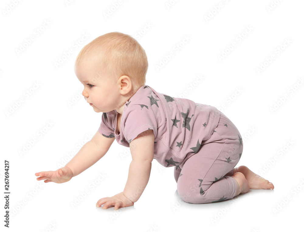 Cute little baby crawling on white background Cute little baby crawling on white background