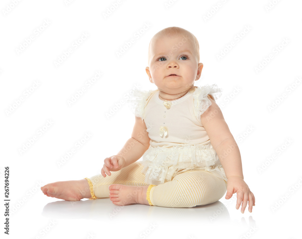 Cute little baby on white background. Crawling time Cute little baby on white background. Crawling time