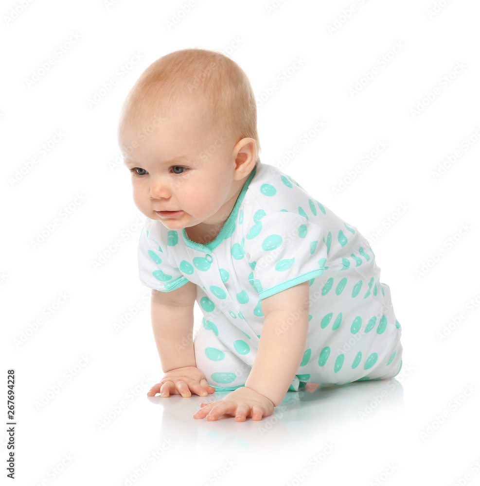Cute little baby crawling on white background Cute little baby crawling on white background