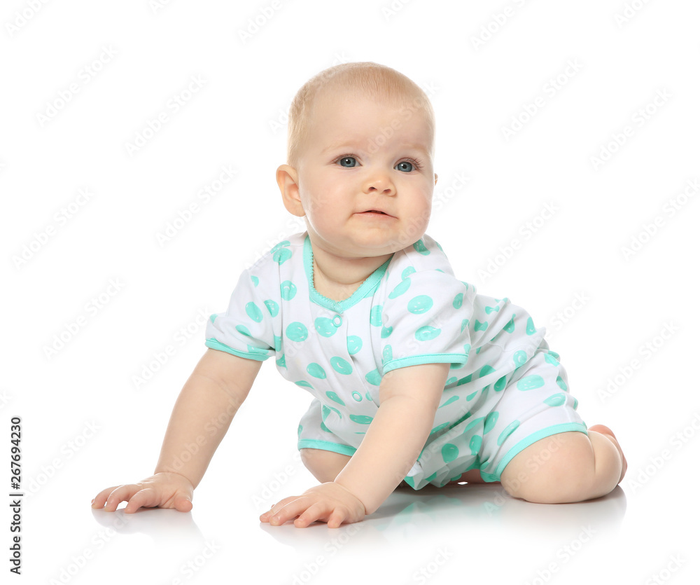 Cute little baby crawling on white background Cute little baby crawling on white background