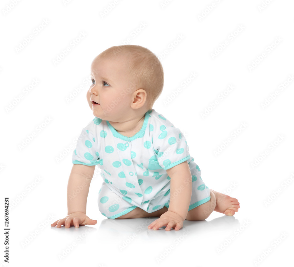 Cute little baby crawling on white background Cute little baby crawling on white background