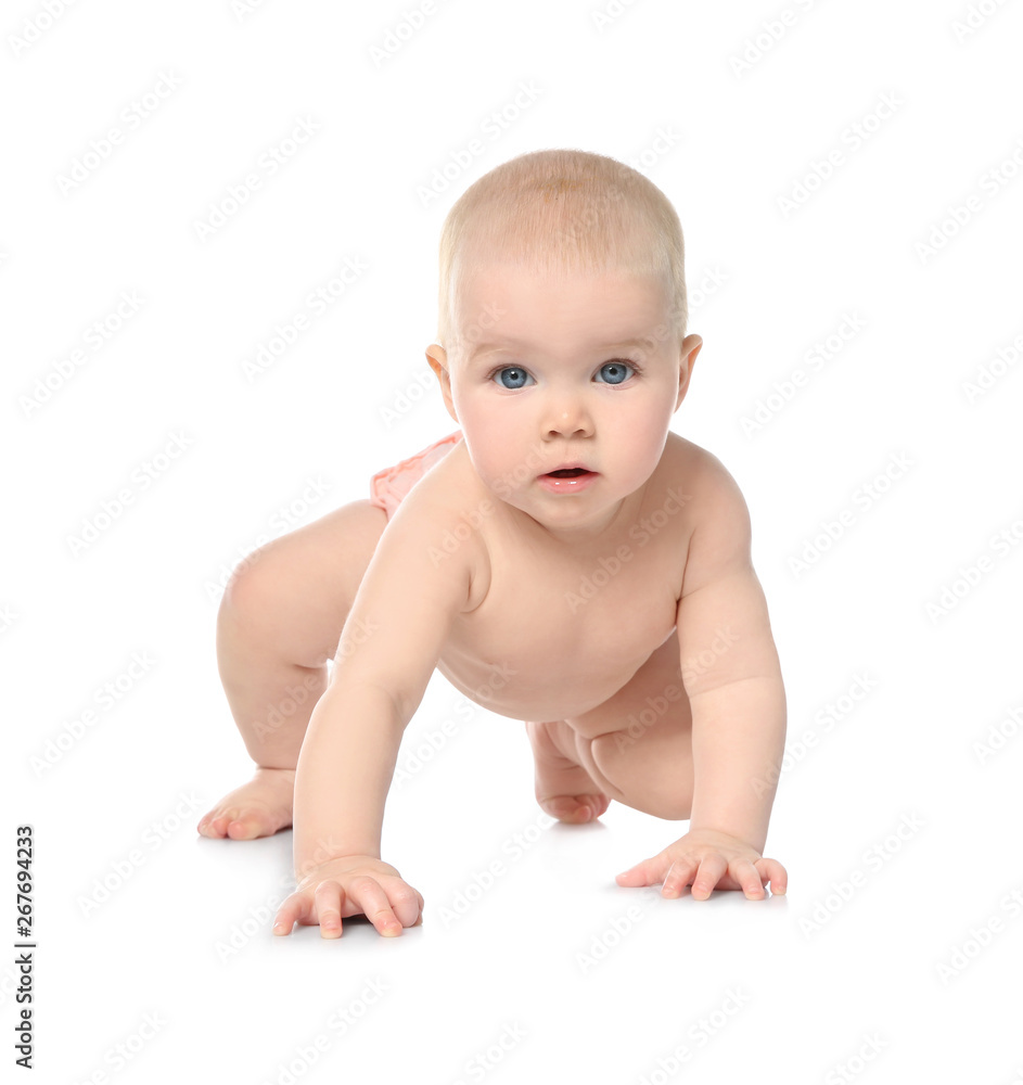Cute little baby crawling on white background Cute little baby crawling on white background