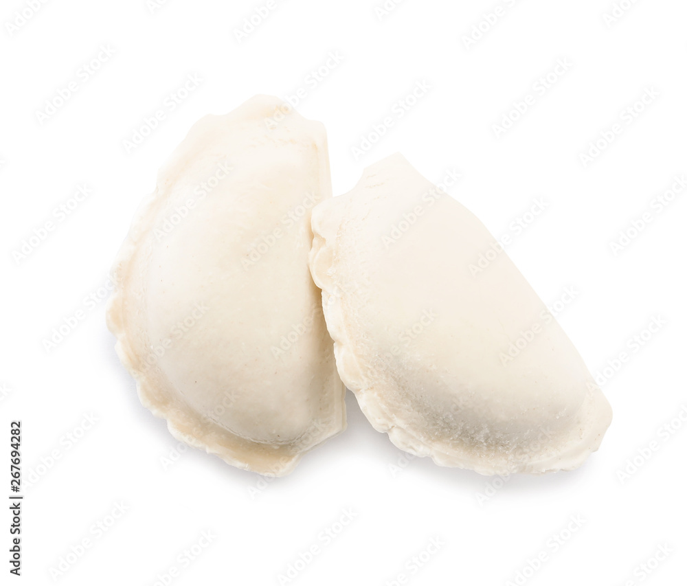 Tasty raw dumplings on white background, top view Tasty raw dumplings on white background, top view