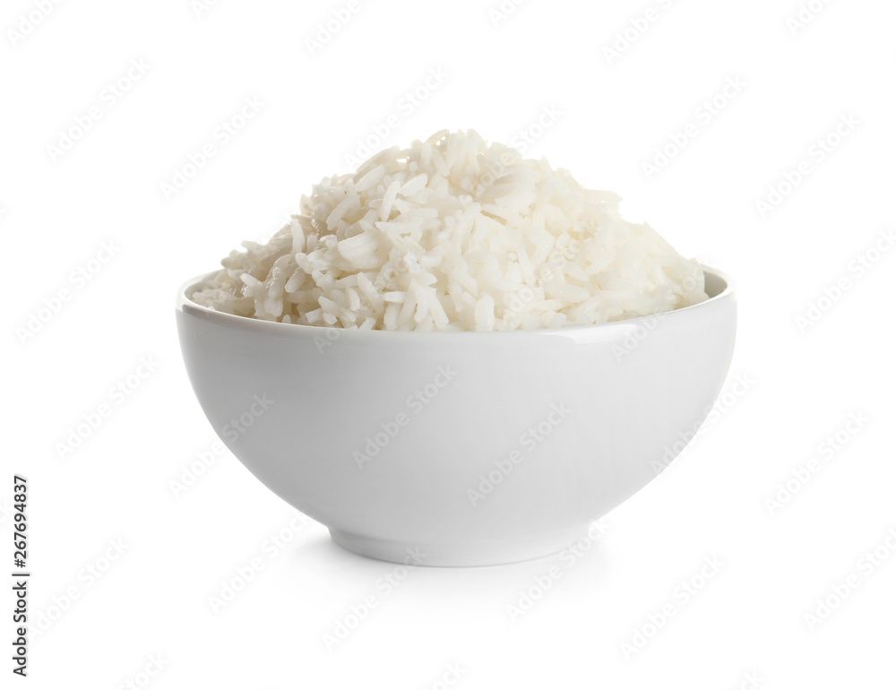 Bowl of tasty cooked rice on white background Bowl of tasty cooked rice on white background