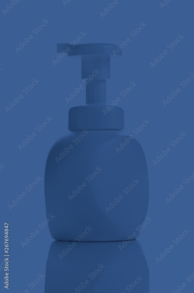 plain plastic bottle with pump dispenser at night time, push the pump for hand foam, liquid soap, shampoo or lotion for health and beauty