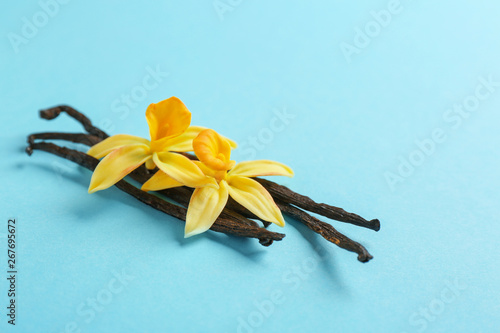 Vanilla sticks and flowers on blue background. Space for text