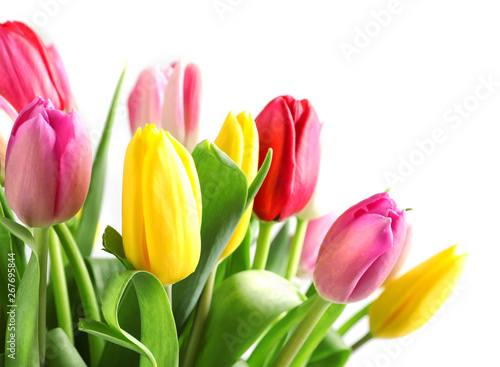 Beautiful bouquet of bright tulip flowers on white background