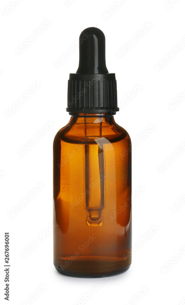 Little glass bottle with essential oil on white background