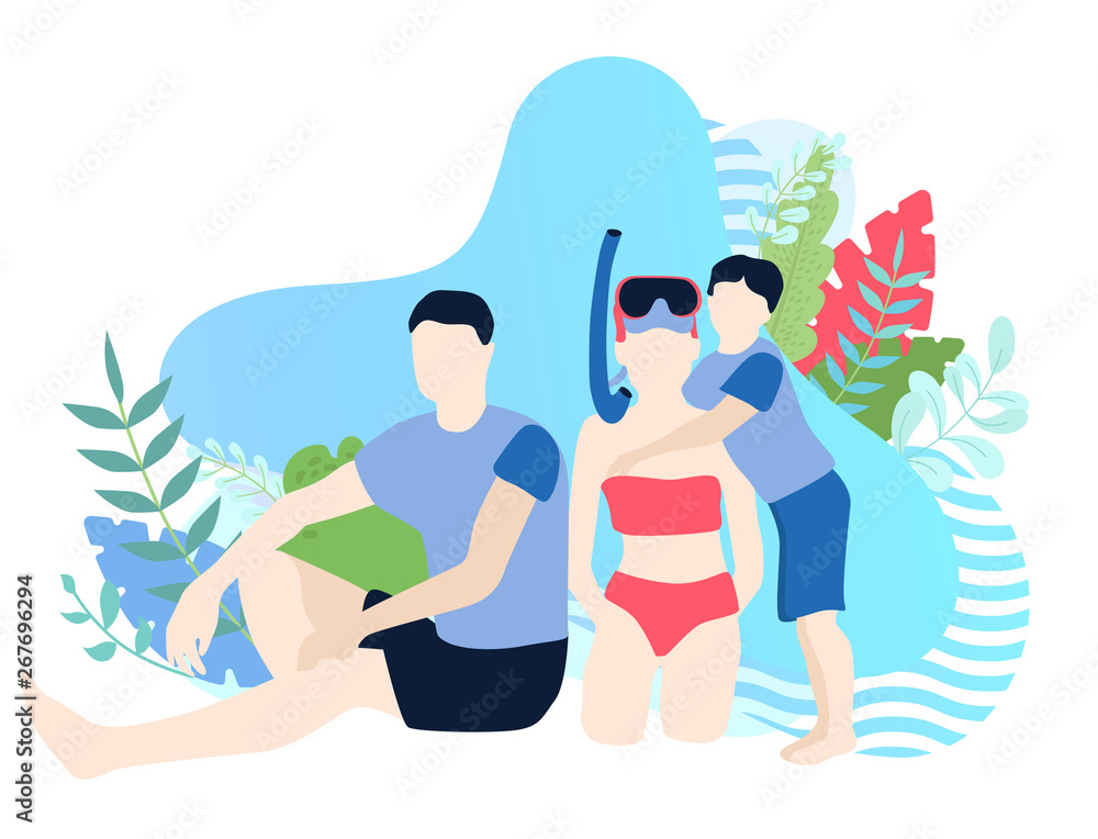 Family holiday. People with child spend summer weekend on beach, swim with mask.