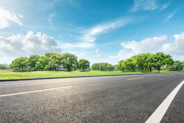Acrylglasbilder Blau Country road and green forest natural landscape under the blue sky  © ABCDstock
