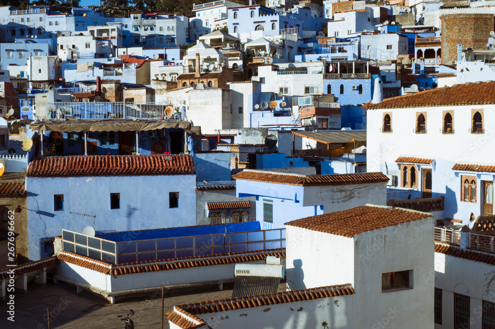 Fototapeta premium Chefchaouen, Morocco : General view of the medina old town, well noted for its blue-washed architecture.