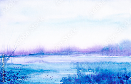 Watercolor illustration of a beautiful summer forest landscape by the lake