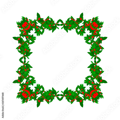 Chrismas wreath graphic picture frame. red and green. Square shape. © KK-ELL