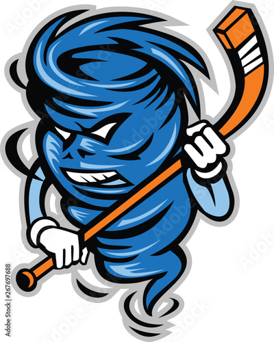 Mascot icon illustration of a tornado, twister or cyclone ice hockey player holding stick viewed from front on isolated background in retro style.