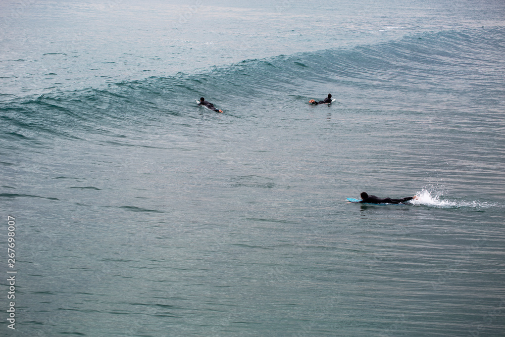 Naklejka premium Three Surfers in the Open Ocean