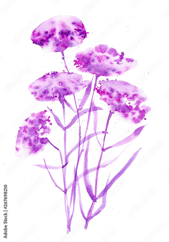 Fototapeta premium Watercolor illustration with beautiful abstract purple flowers. Isolated on white background