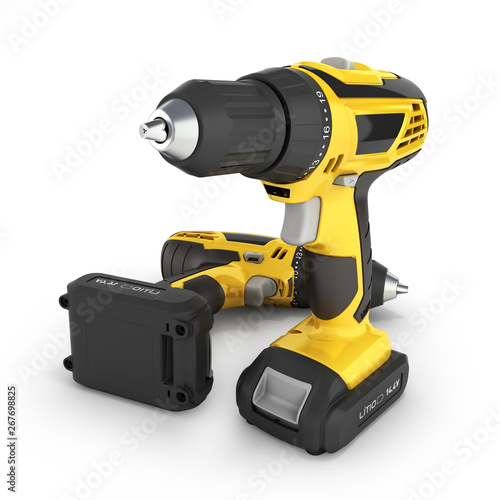 Cordless screwdriver with a drill isolated on white background 3d