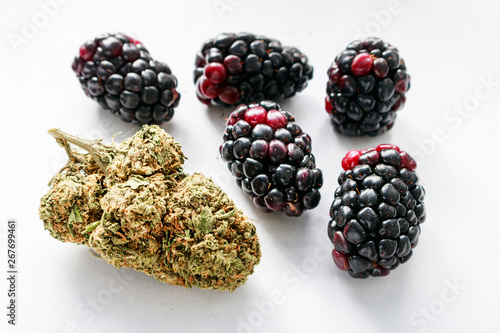 Fresh Organic Blackberries & Trimmed Marijuana Bud photo
