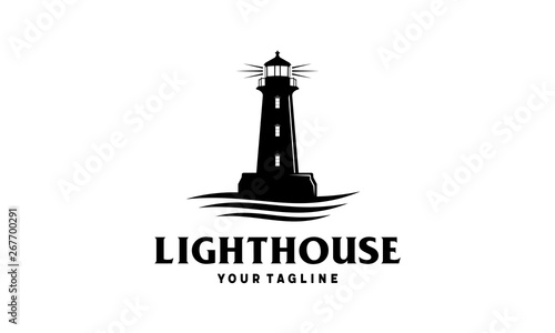 Lighthouse with ocean vector logo design