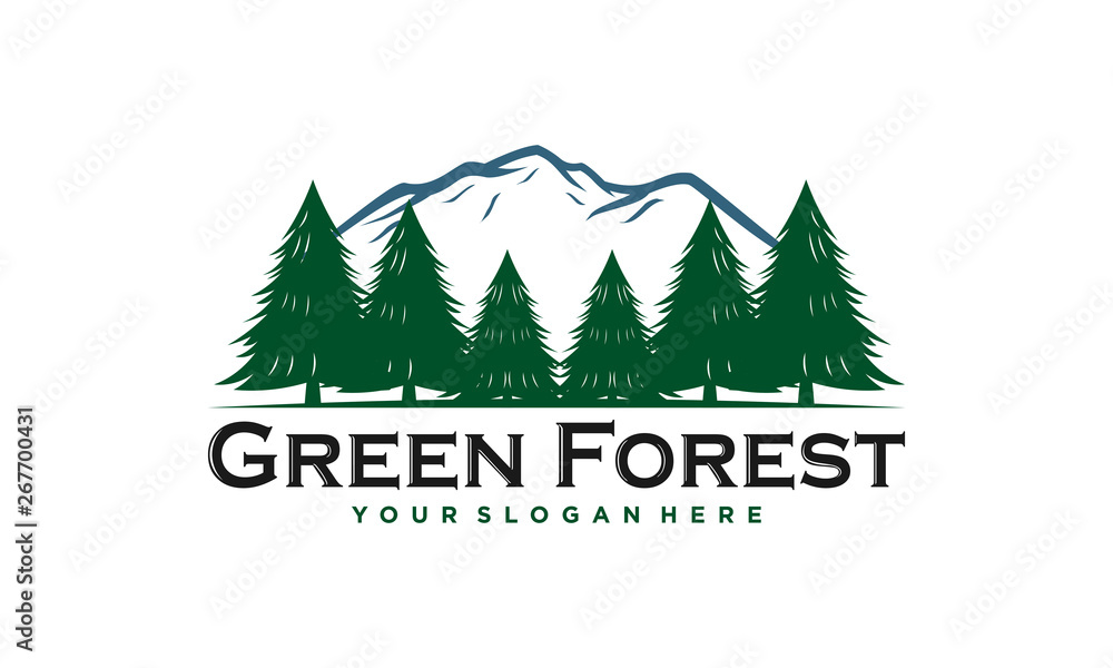 Fototapeta premium Green Forest logo. Pine and mountain vector illustration
