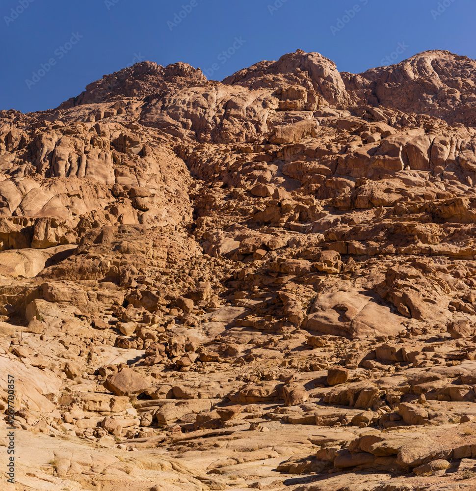 Fototapeta premium Egypt. Mount Sinai in the morning at sunrise. (Mount Horeb, Gabal Musa, Moses Mount). Pilgrimage place and famous touristic destination.