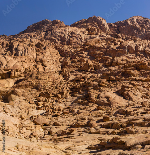 Egypt. Mount Sinai in the morning at sunrise.  Mount Horeb  Gabal Musa  Moses Mount . Pilgrimage place and famous touristic destination.