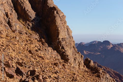 Egypt. Mount Sinai in the morning at sunrise. (Mount Horeb, Gabal Musa, Moses Mount). Pilgrimage place and famous touristic destination. photo