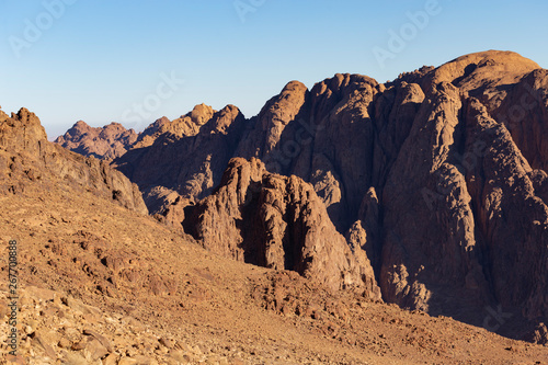 Egypt. Mount Sinai in the morning at sunrise.  Mount Horeb  Gabal Musa  Moses Mount . Pilgrimage place and famous touristic destination.