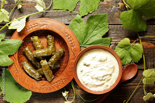 dolma- stuffed grape leaves with rice and meat. dish of Caucasian cuisine. served with fermented milk yogurt sauce. top view. cuisine of the North Caucasus. country style. clay dishes