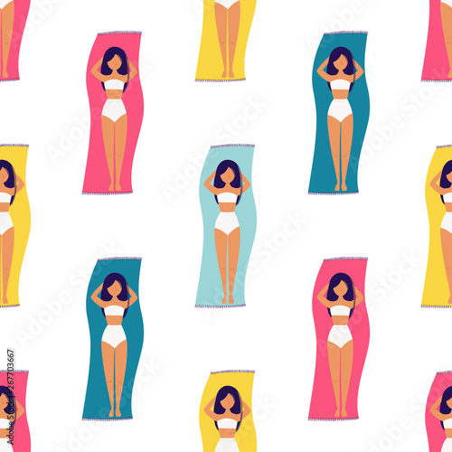 Girls sunbathing pattern. Summer time, having rest. Creative vector illustration.Sketch for wrapping paper, textile, background fill, fabric.
